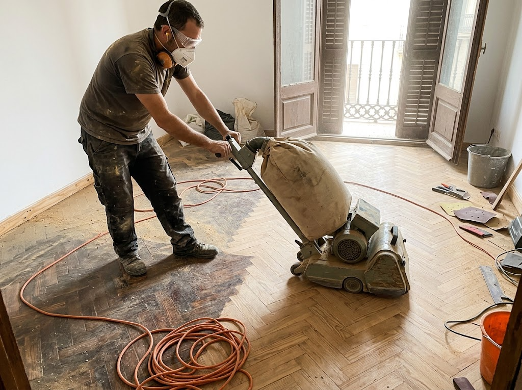 Operario lijando un suelo de parquet antiguo en Barcelona con lijadora de banda