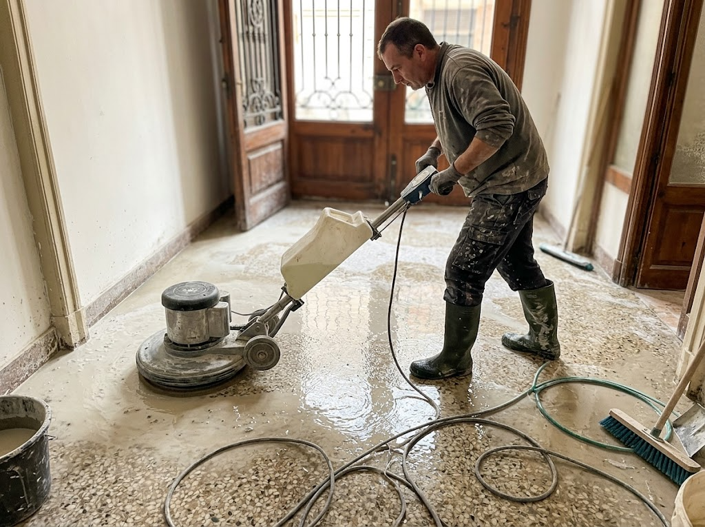 Operario rebajando y puliendo un suelo de mármol en un portal de Barcelona